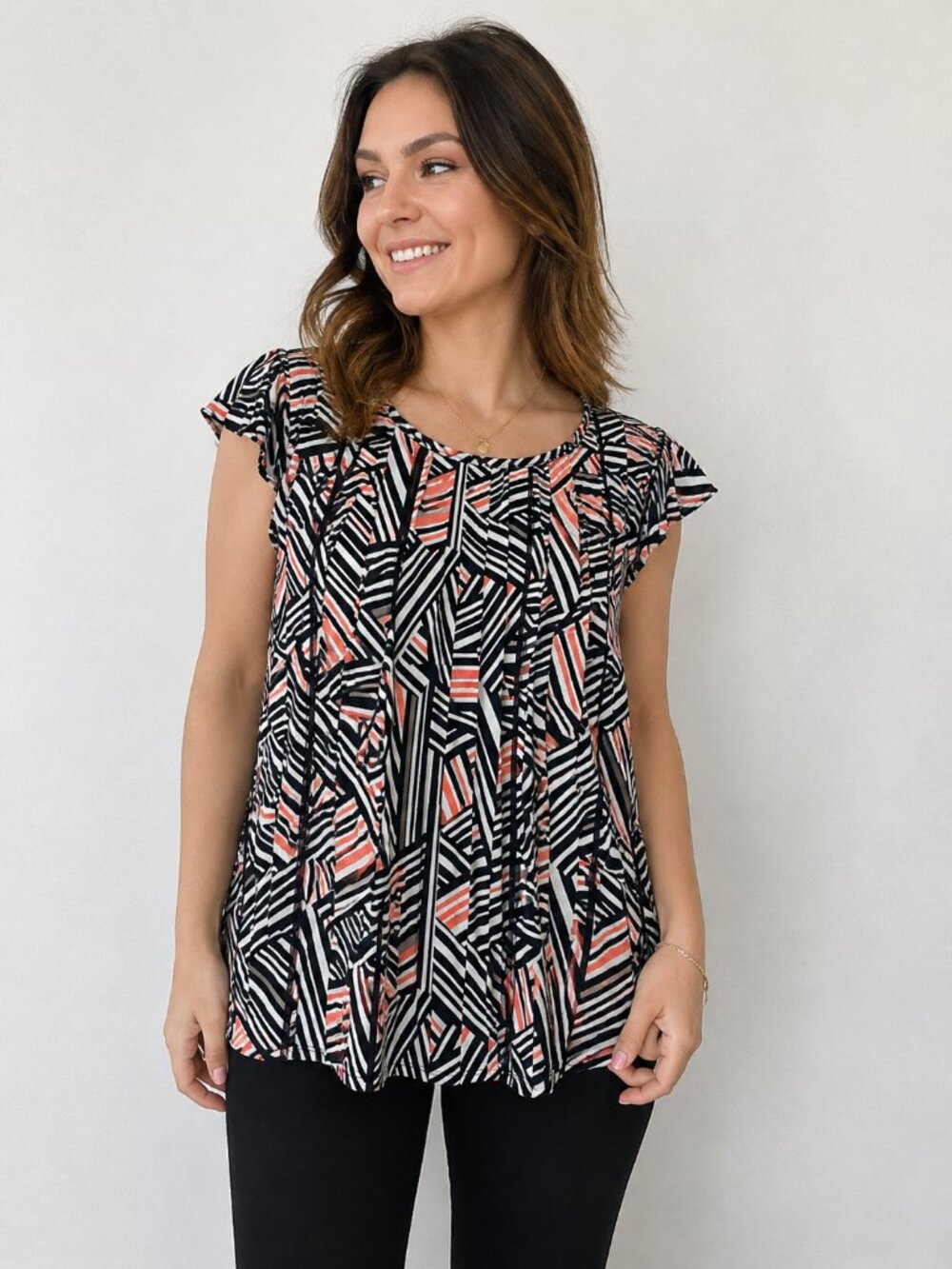 NWT Robert Louis Geometric Print Flutter Sleeve Blouse Size L